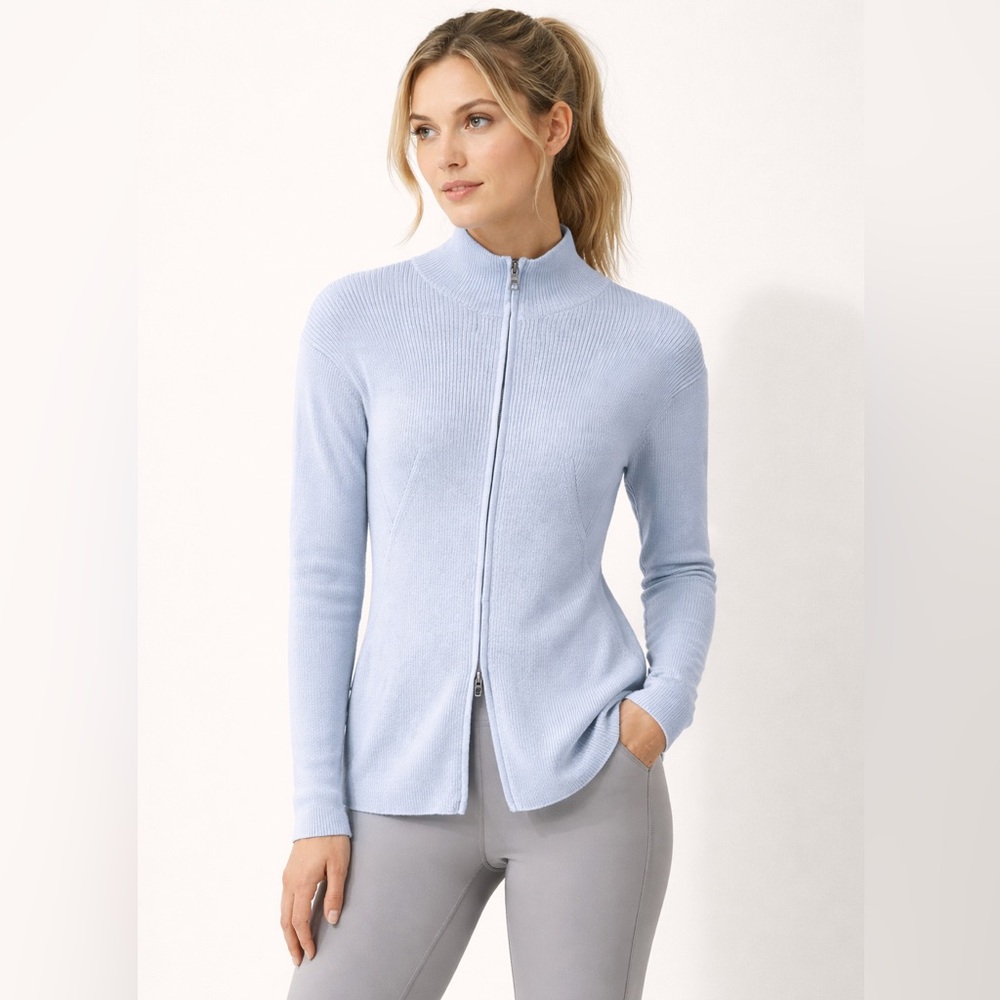 RHONE Porto Merino Wool Blend Full Zip Sweater Mock Neck Rib Knit Light Blue S